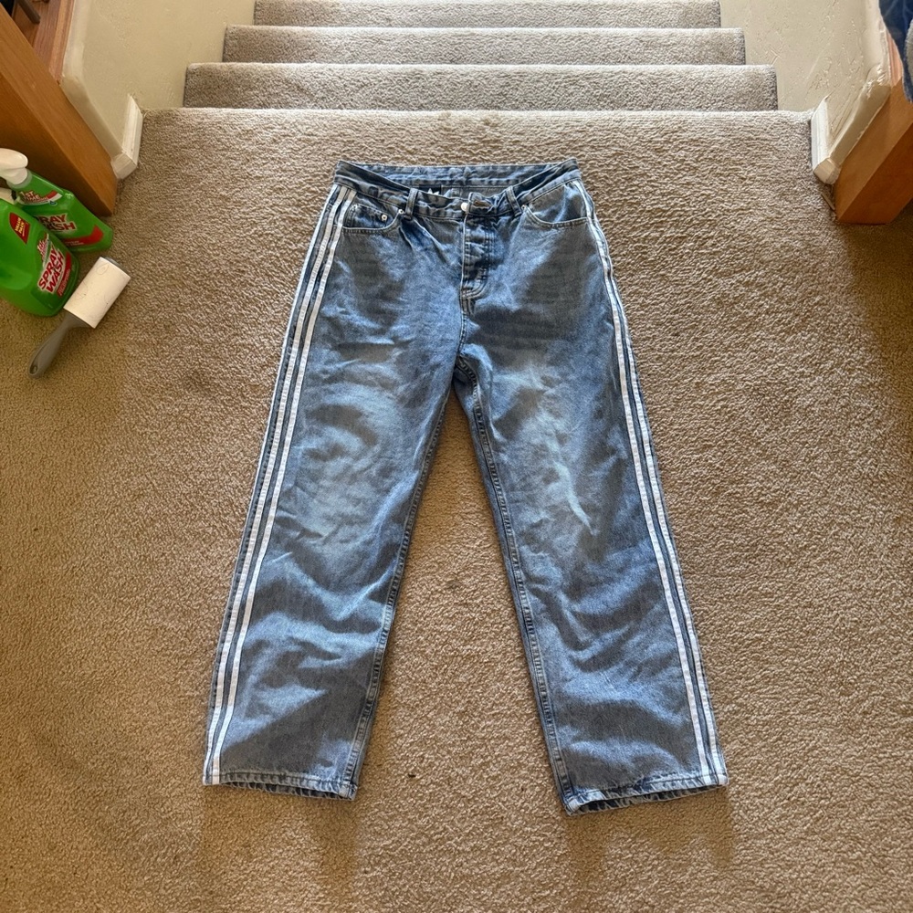 Men's Balenciaga x Adidas  Blue Jeans with White Stripes